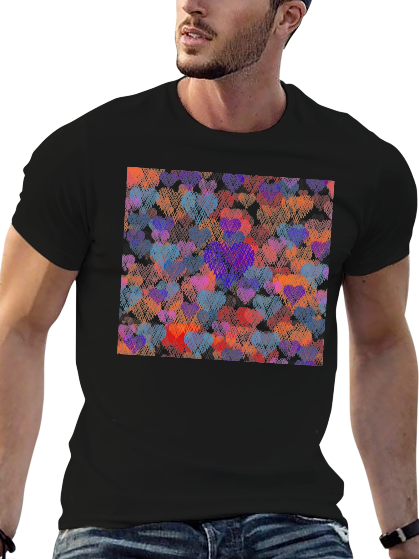 Heart Pattern Graphic Tee - Black