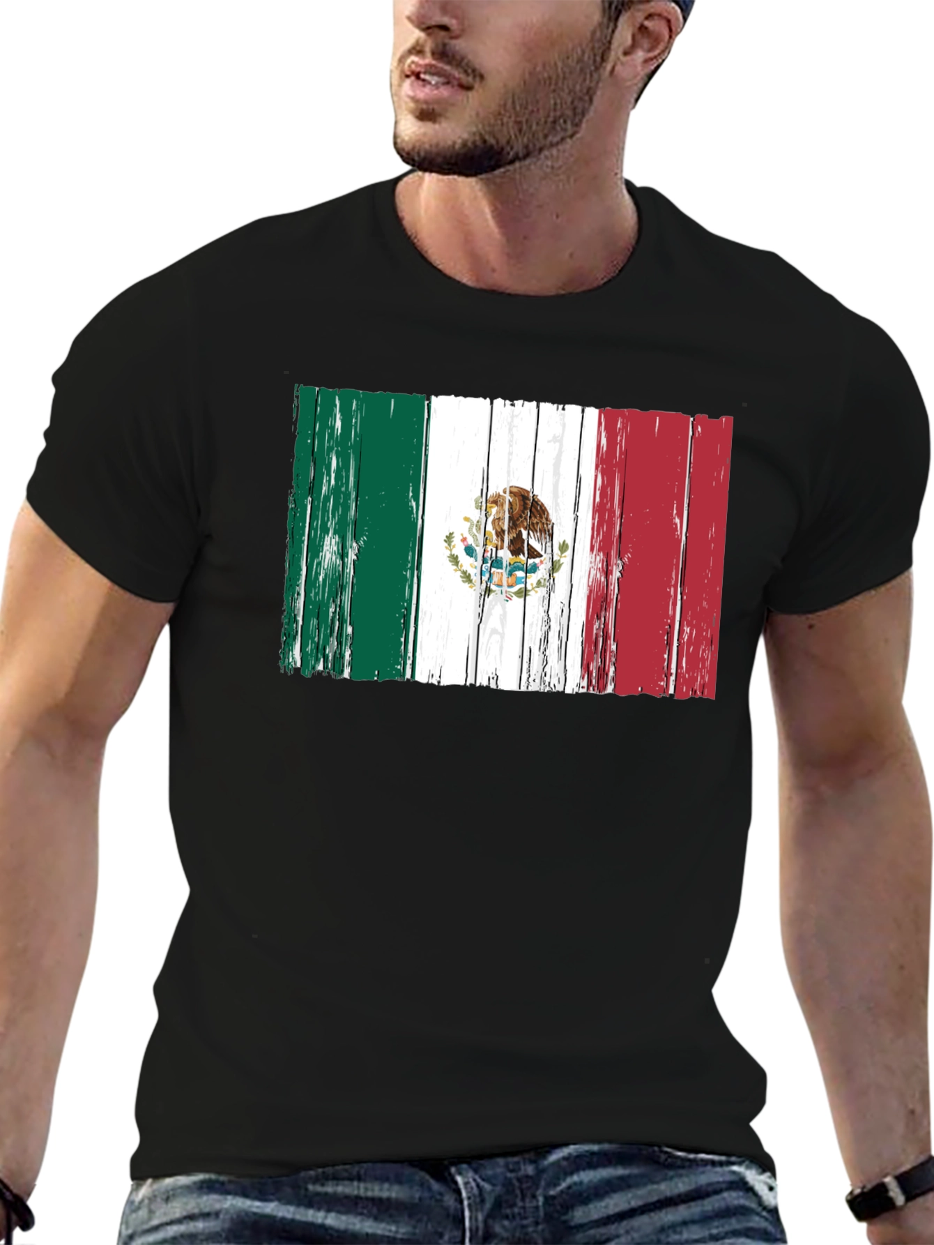 Mexican Flag Distressed Style Mens Black T-Shirt