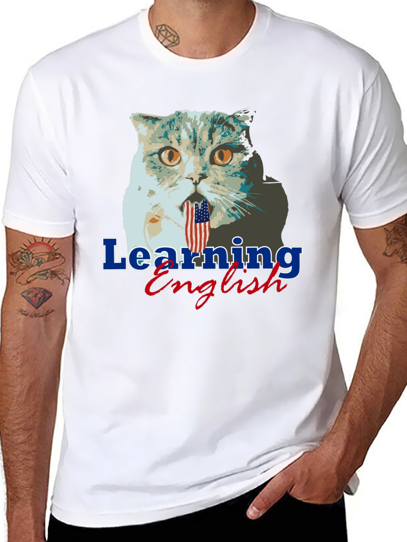 Funny Cat Learning English Graphic Tee