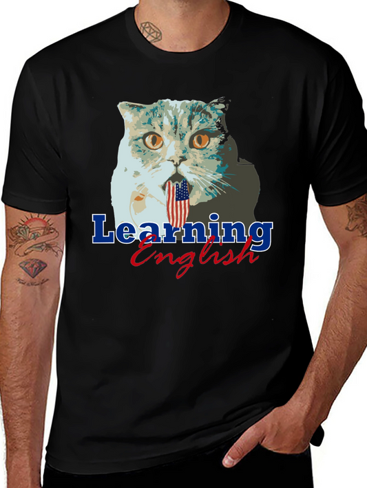 Funny Cat Learning English Graphic Tee