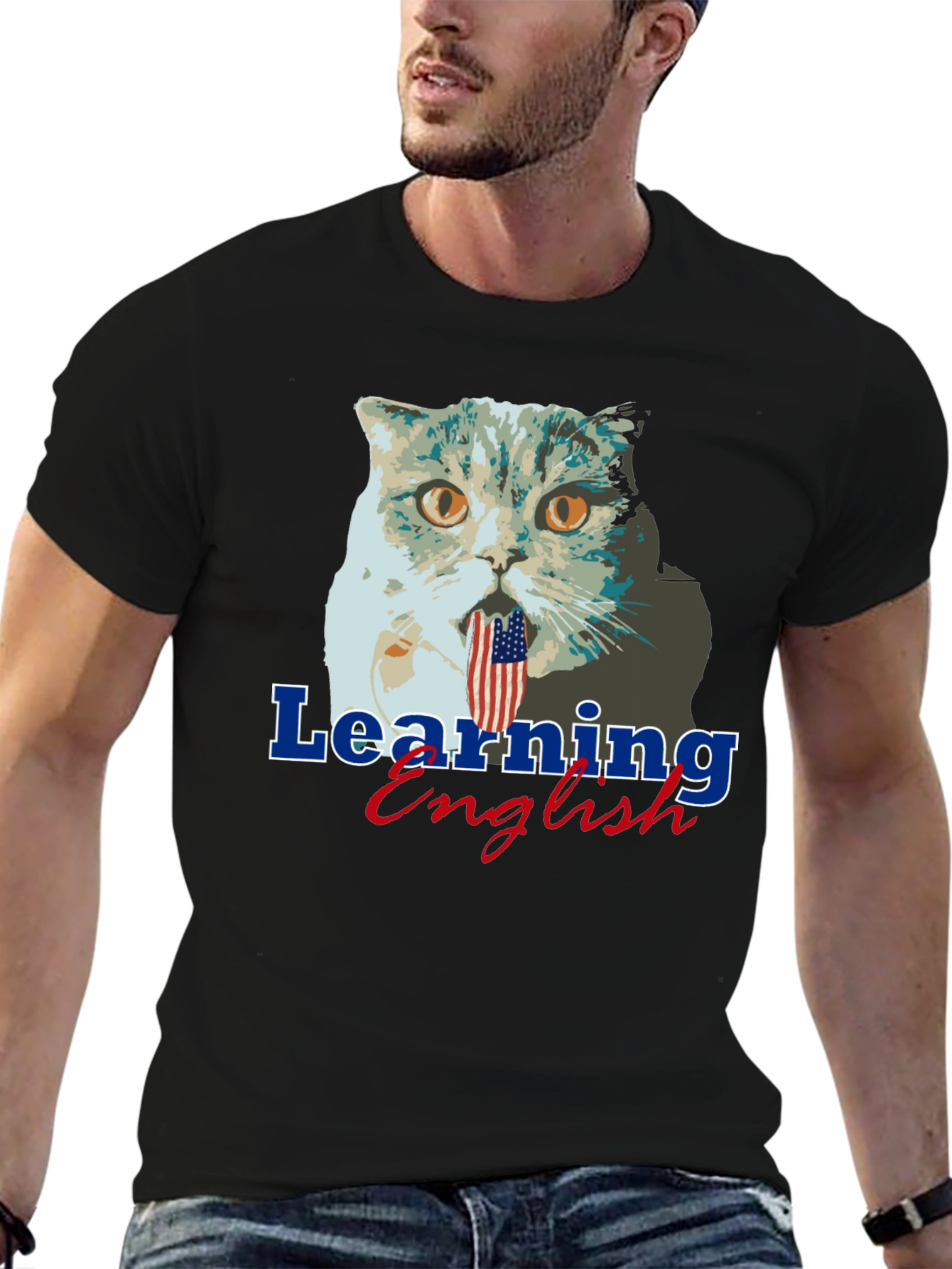 Funny Cat Learning English Graphic Tee