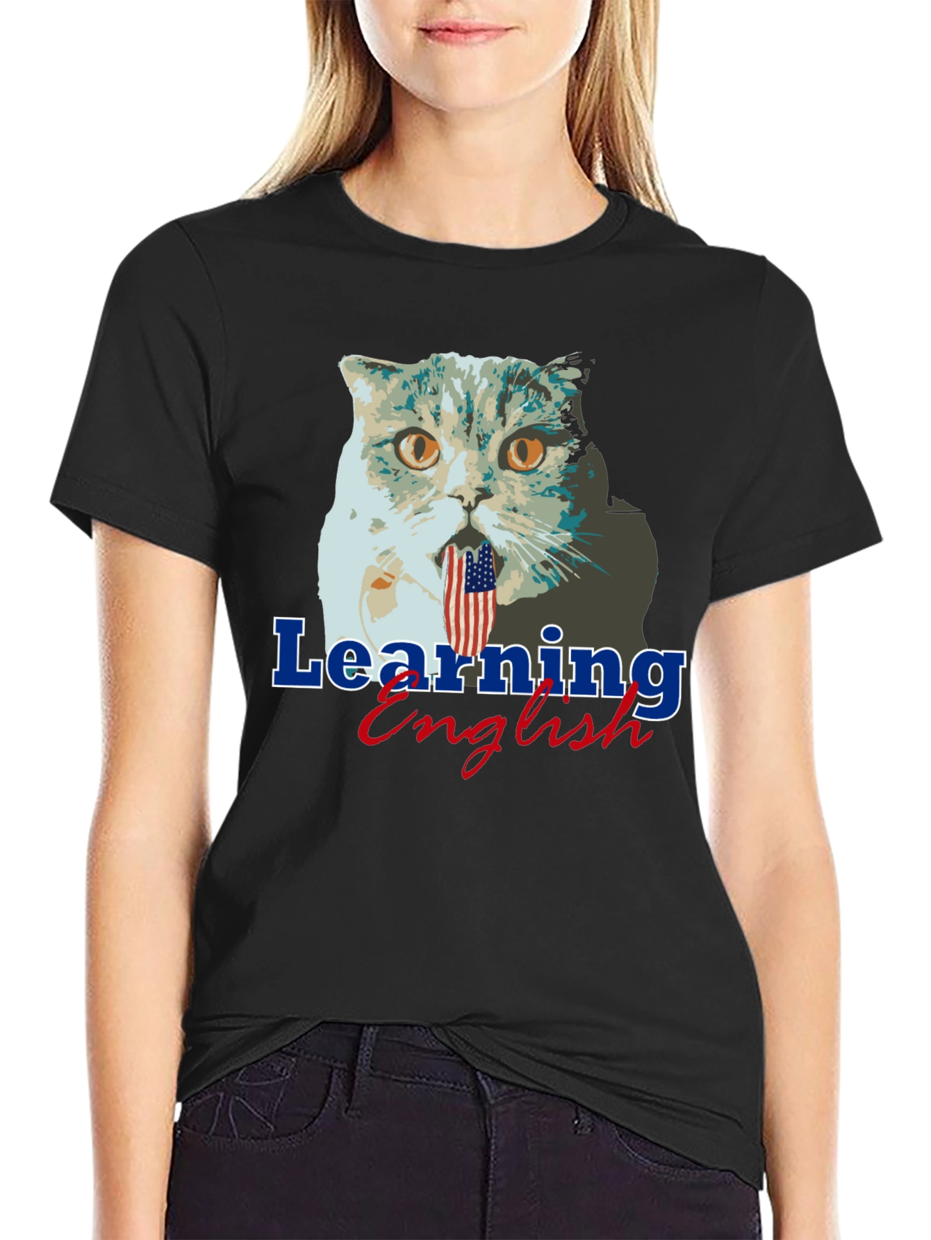 Funny Cat Learning English Graphic Tee