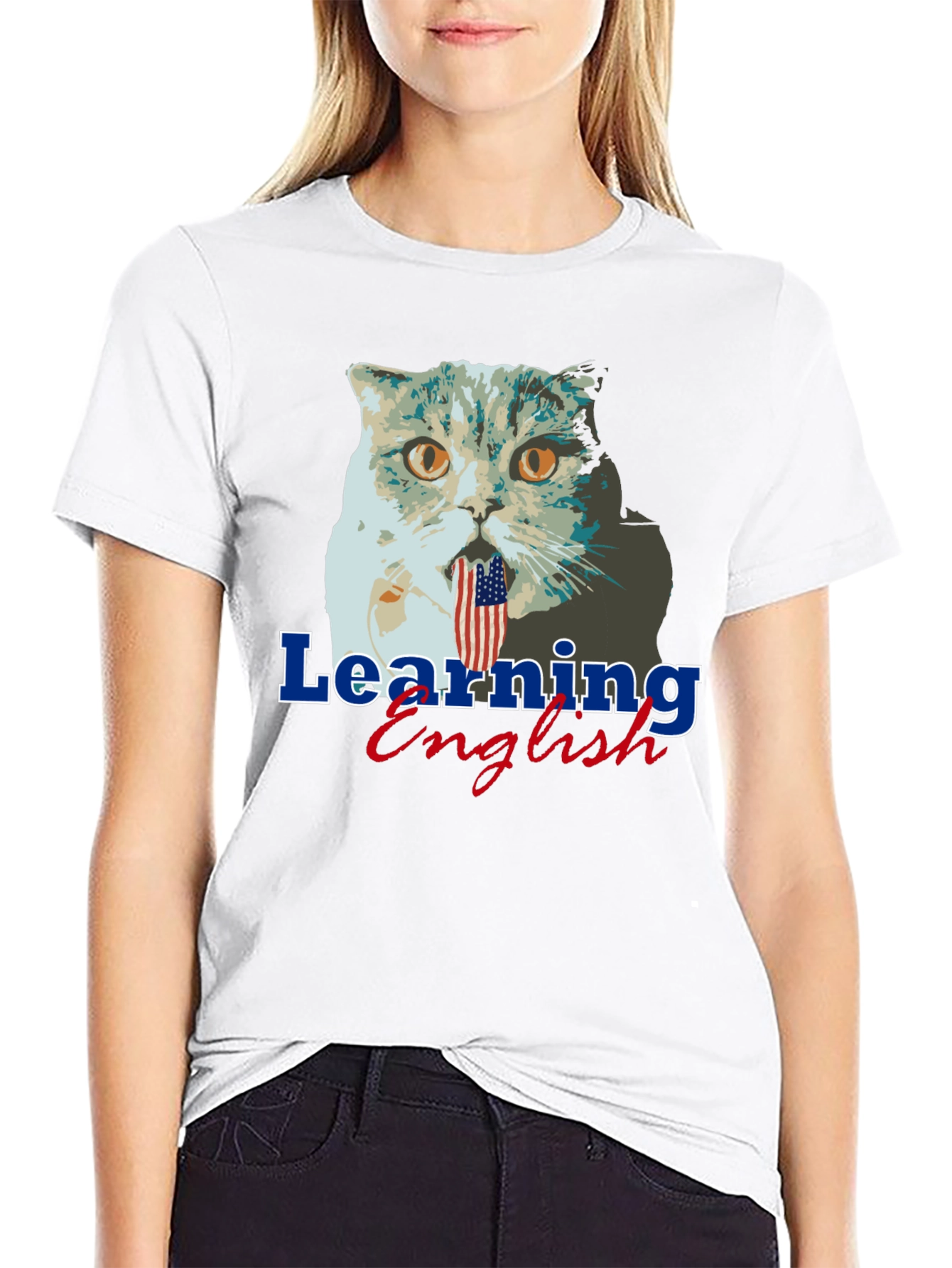 Funny Cat Learning English Graphic Tee