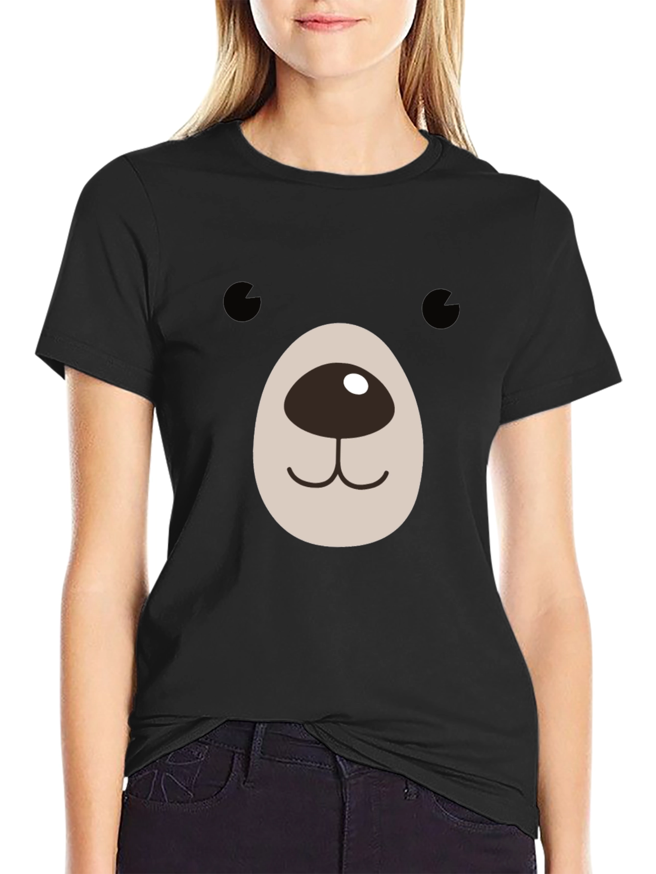 Cute Bear Face Graphic Black T-Shirt