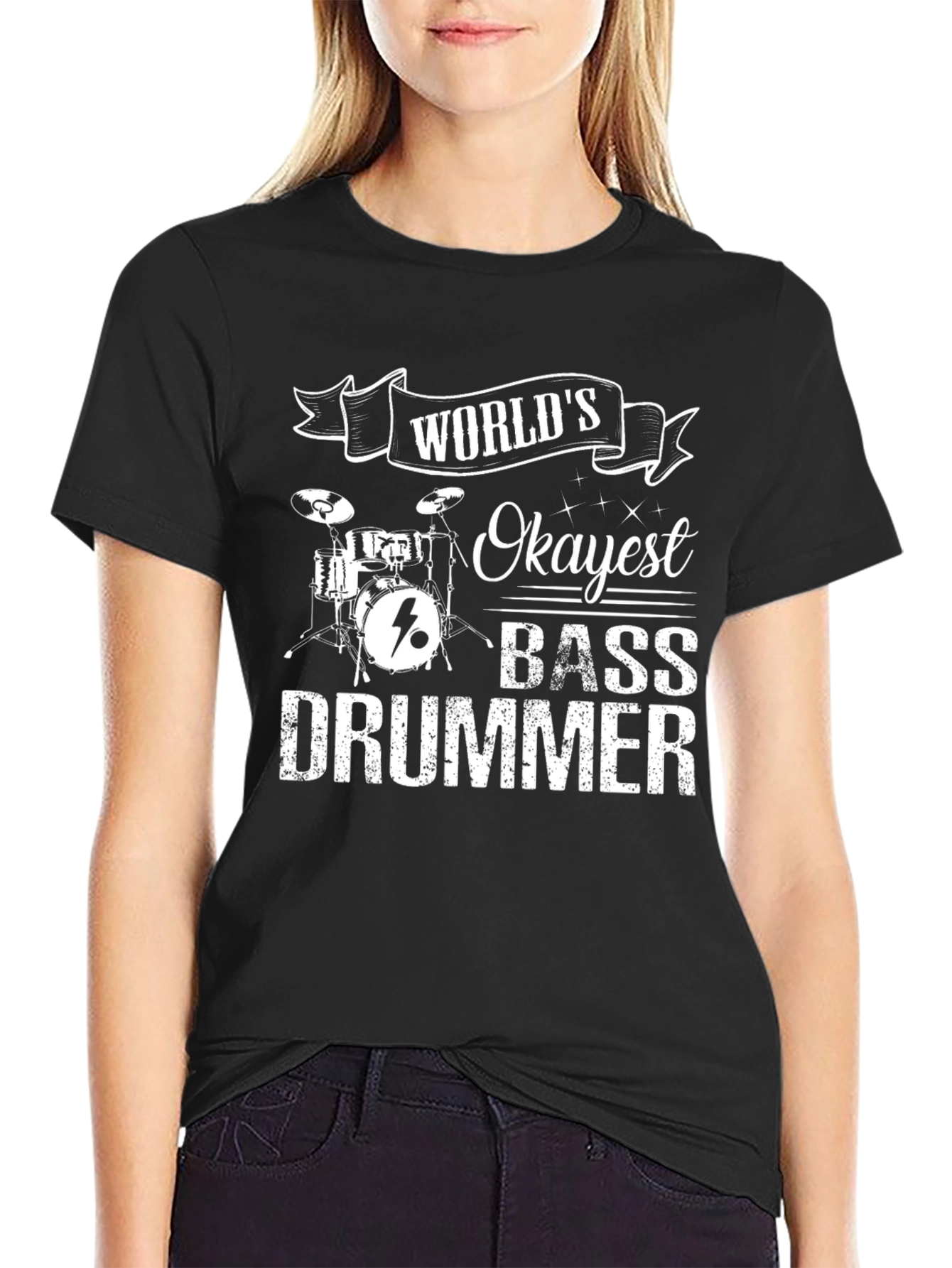 Worlds Okayest Bass Drummer Black T-Shirt