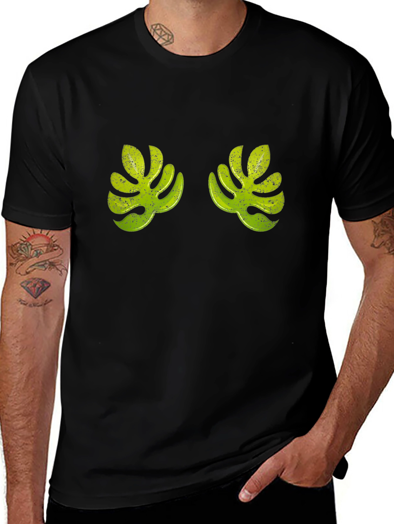 Tropical Leaf Print Black T-Shirt