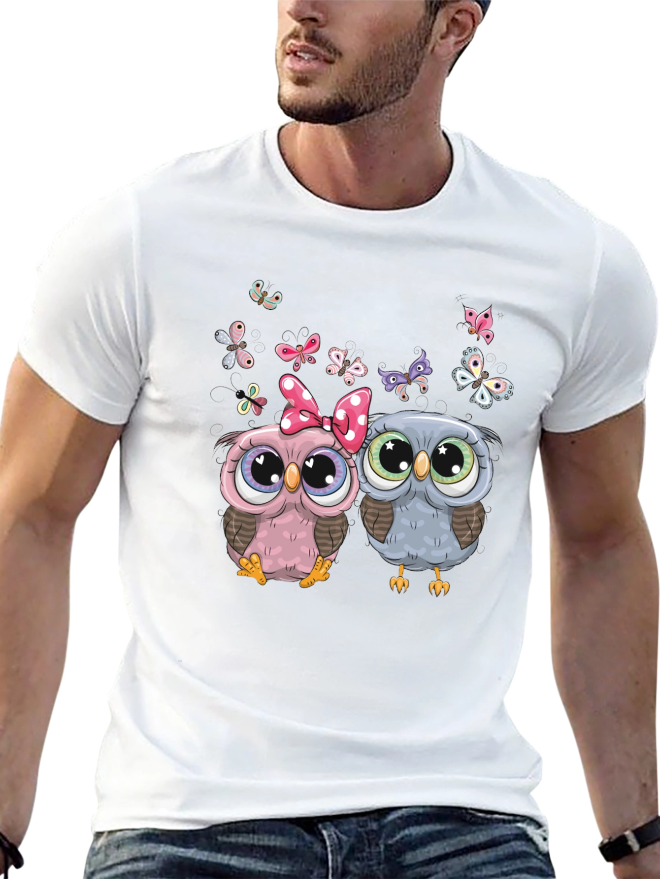 Cute Owl Couple T-Shirt with Butterflies