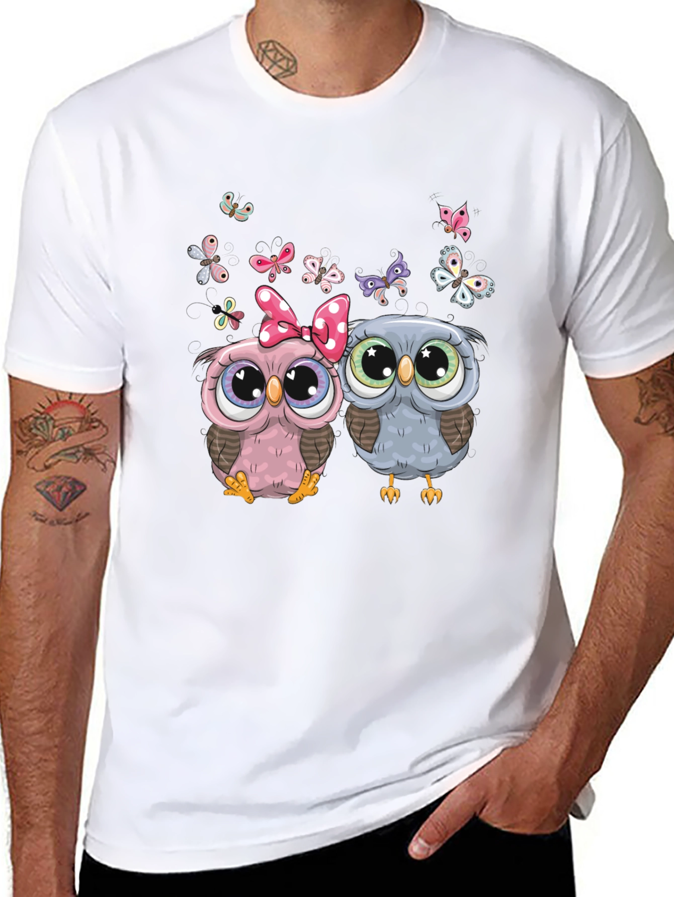 Cute Owl Couple T-Shirt with Butterflies