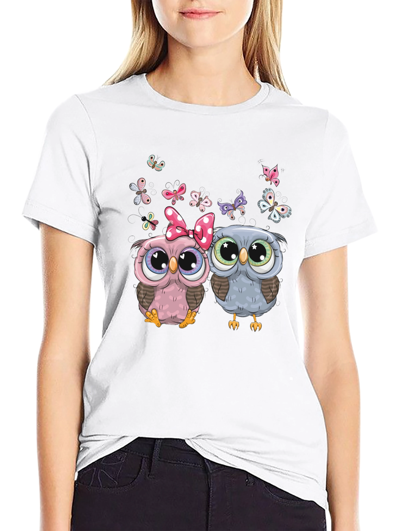 Cute Owl Couple T-Shirt with Butterflies