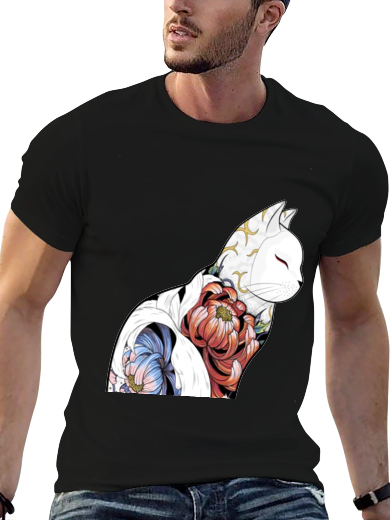 Floral Cat Graphic Black T-Shirt