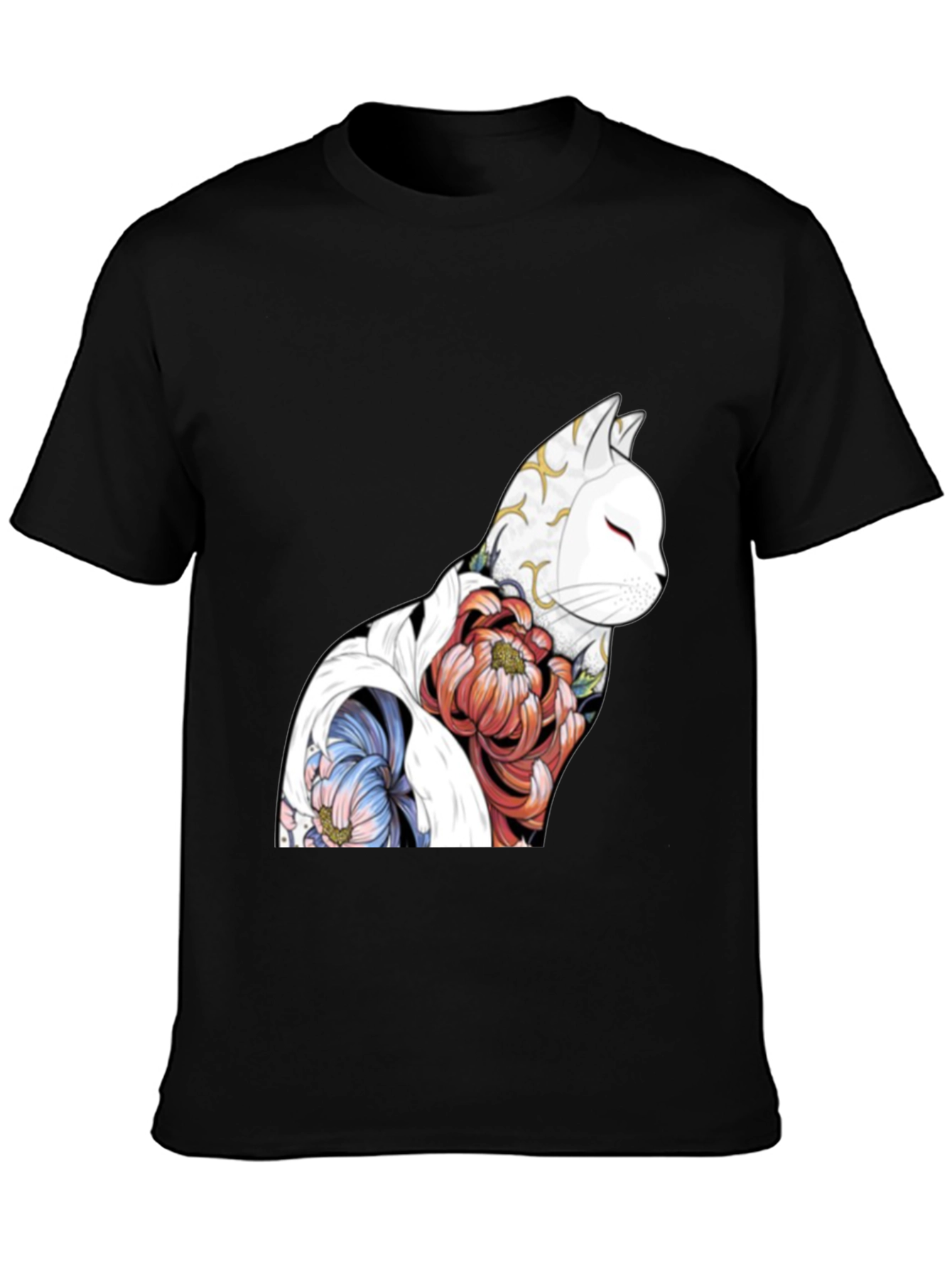 Floral Cat Graphic Black T-Shirt