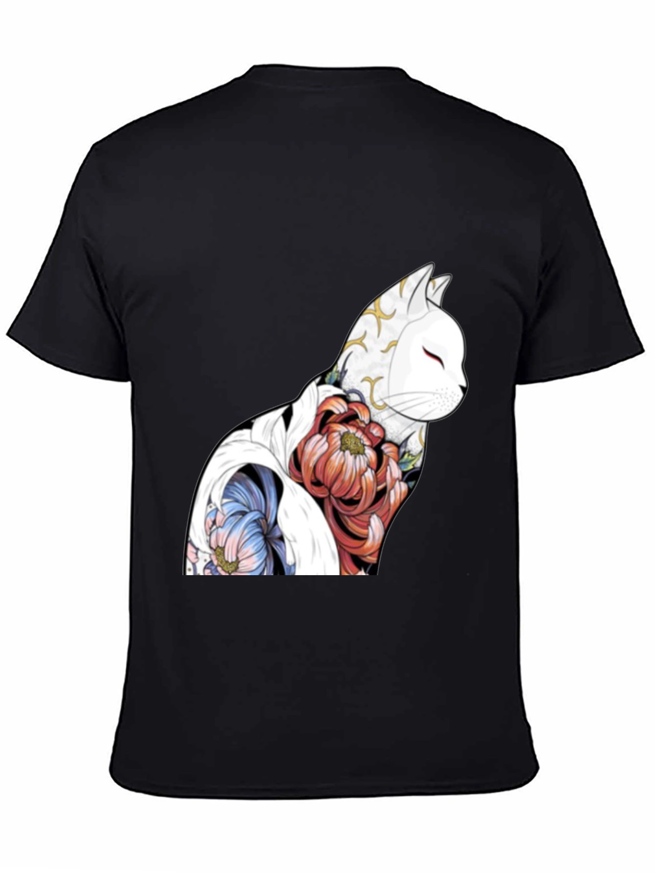 Floral Cat Graphic Black T-Shirt