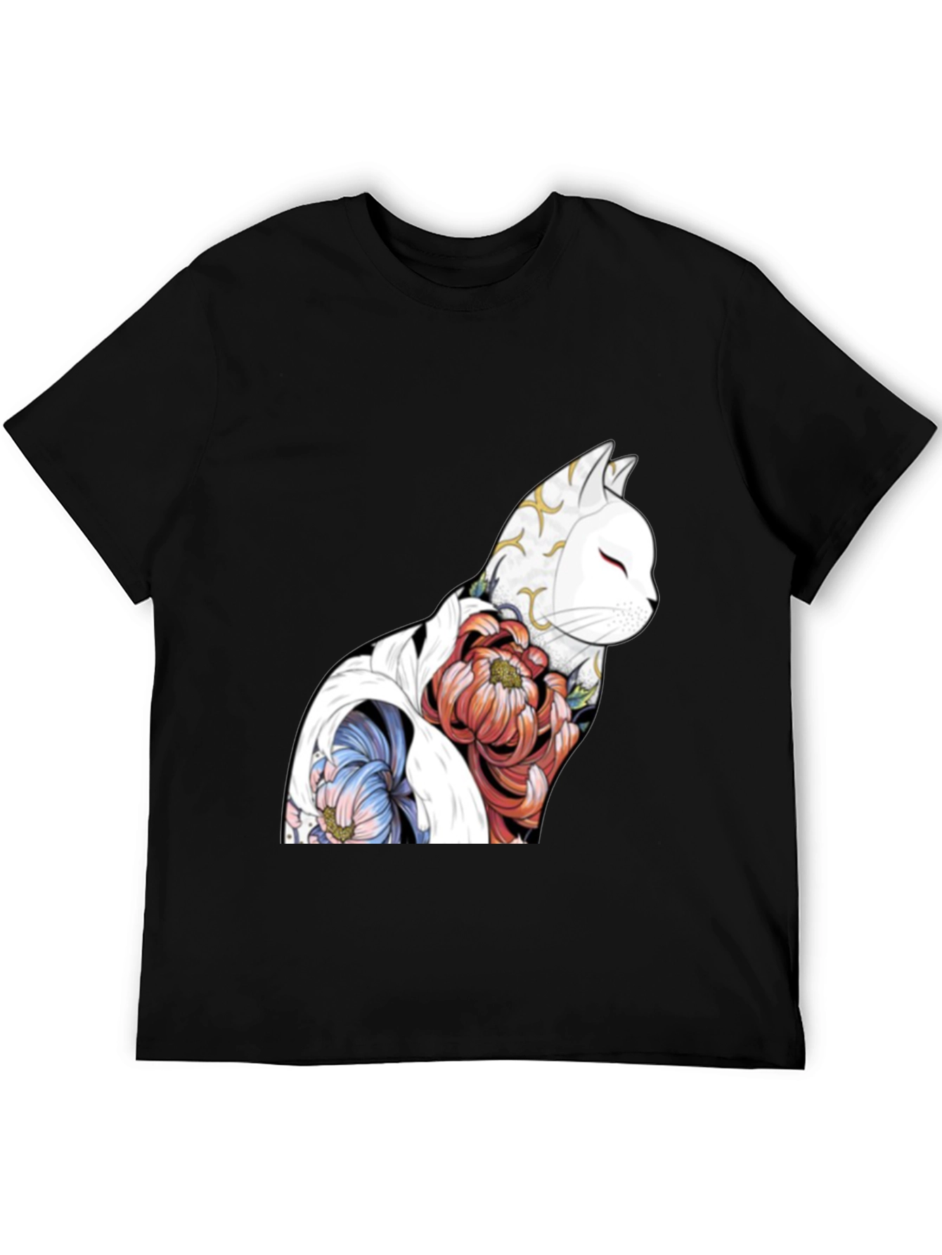 Floral Cat Graphic Black T-Shirt
