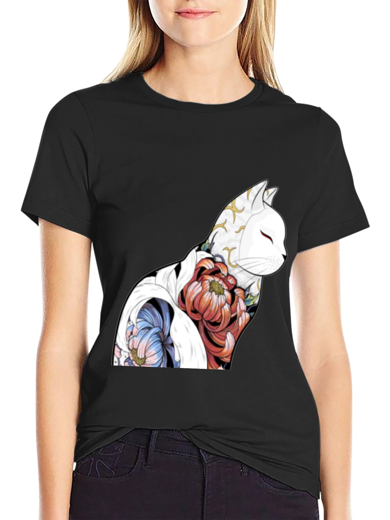 Floral Cat Graphic Black T-Shirt