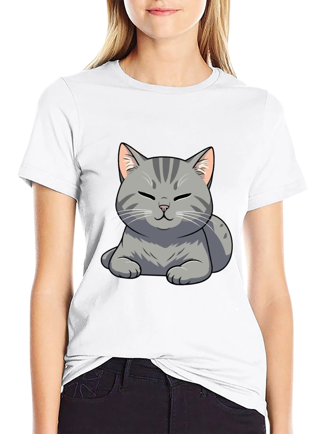 Cute Cat Graphic Tee - Black Cotton T-Shirt