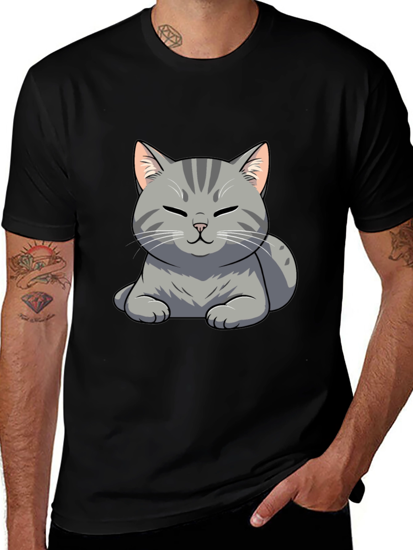 Cute Cat Graphic Tee - Black Cotton T-Shirt