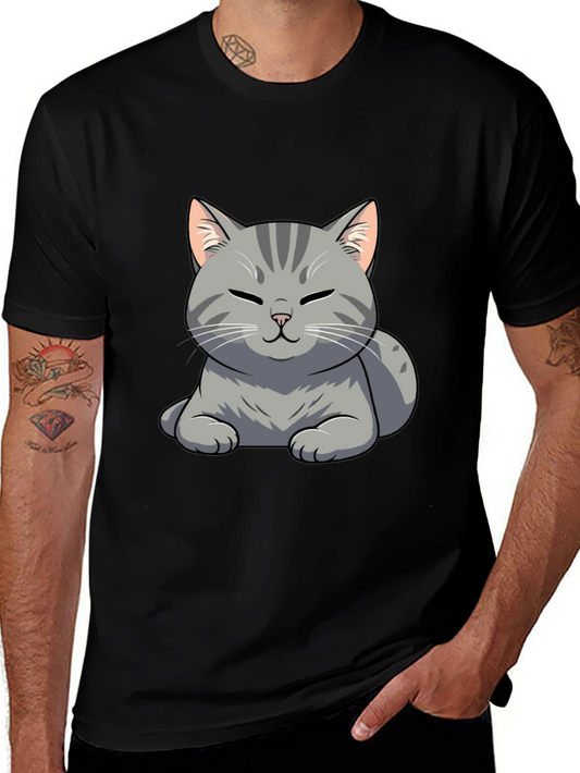 Cute Cat Graphic Tee - Black Cotton T-Shirt