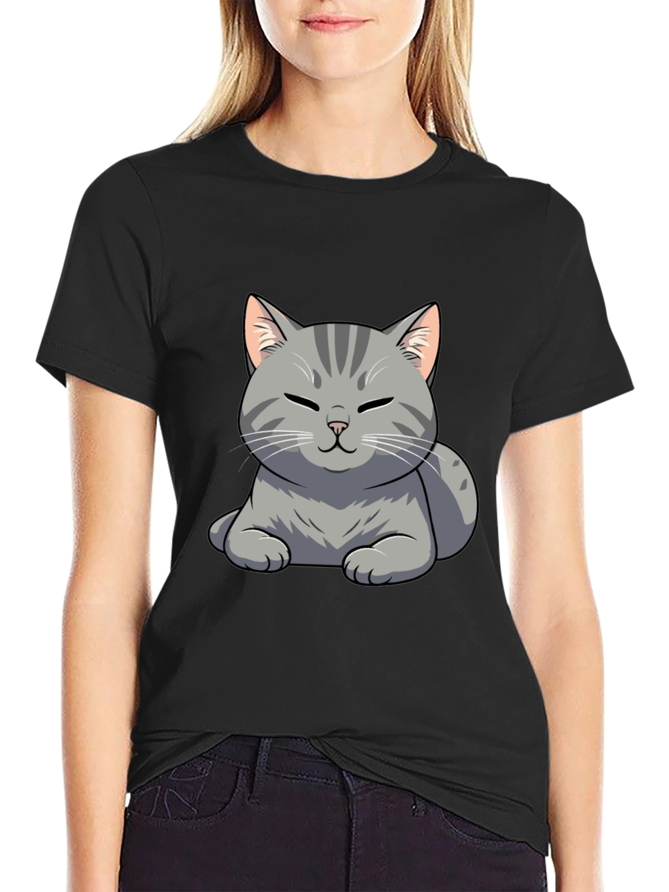 Cute Cat Graphic Tee - Black Cotton T-Shirt