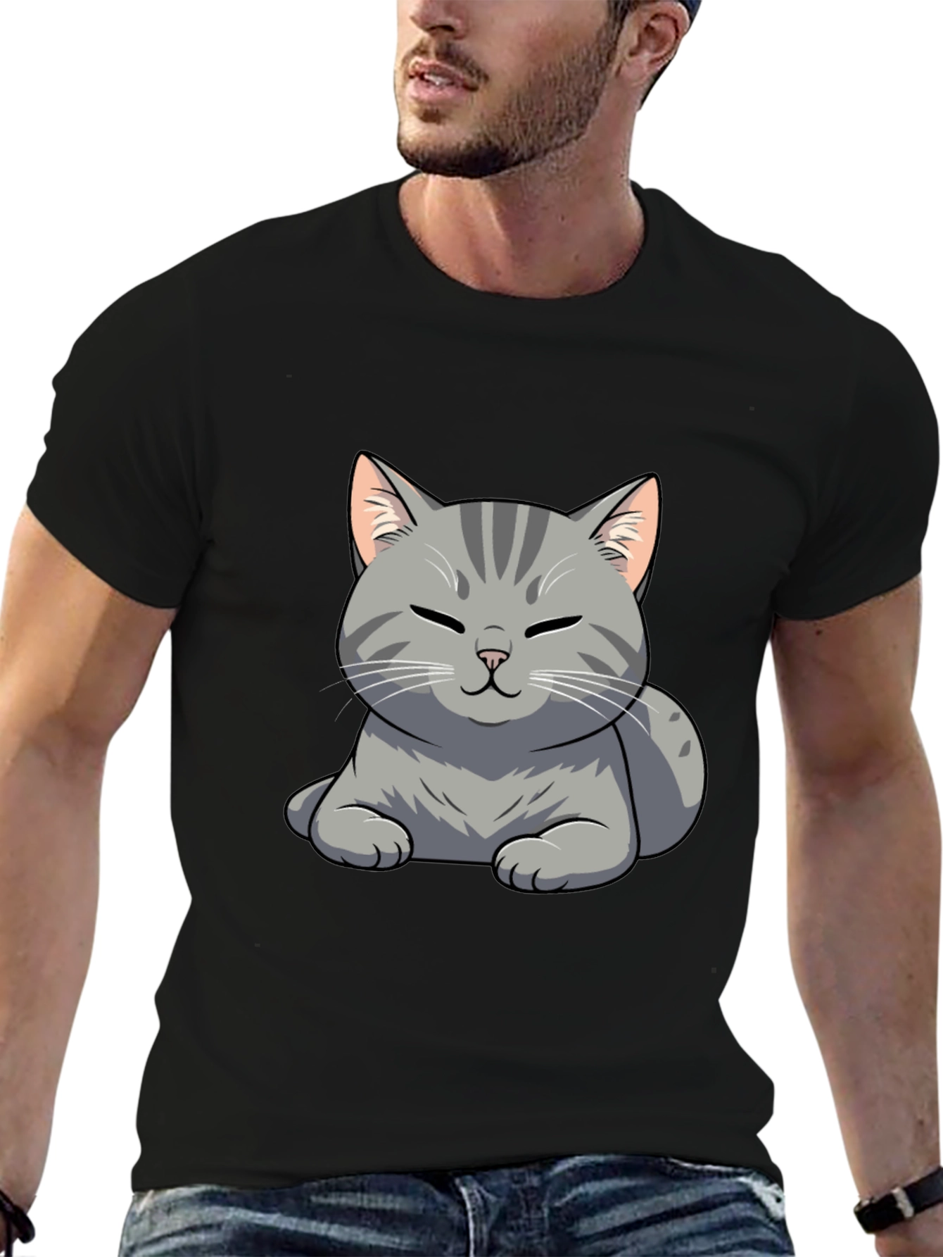 Cute Cat Graphic Tee - Black Cotton T-Shirt