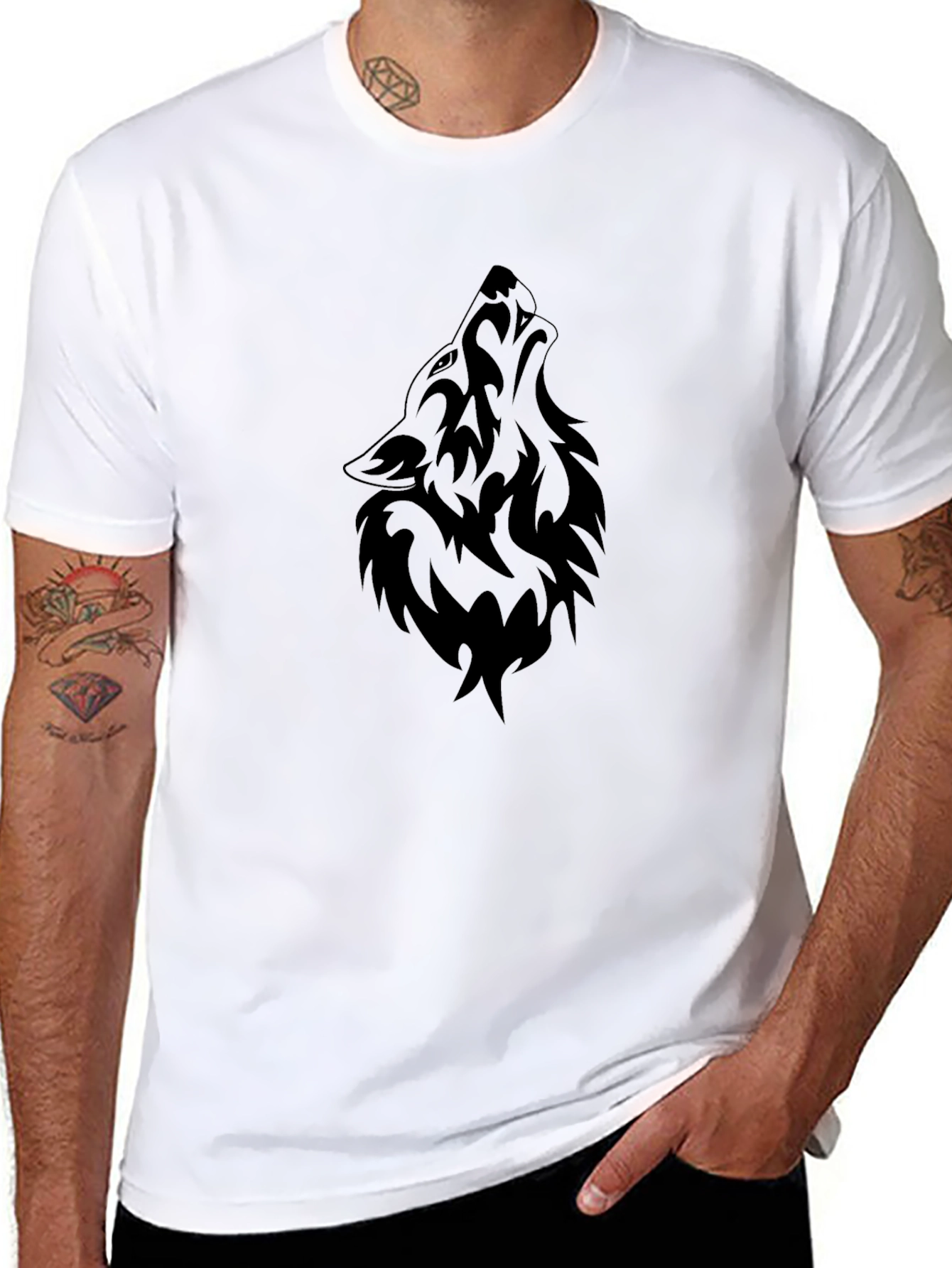 Mens Black T-Shirt - Wolf Tribal Design