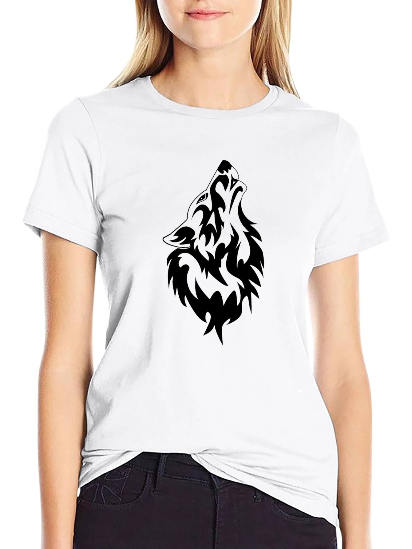 Mens Black T-Shirt - Wolf Tribal Design
