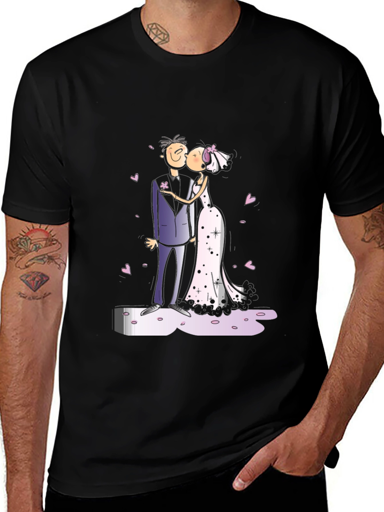 Wedding Kiss Cartoon Graphic Tee - Stylish Black T-Shirt
