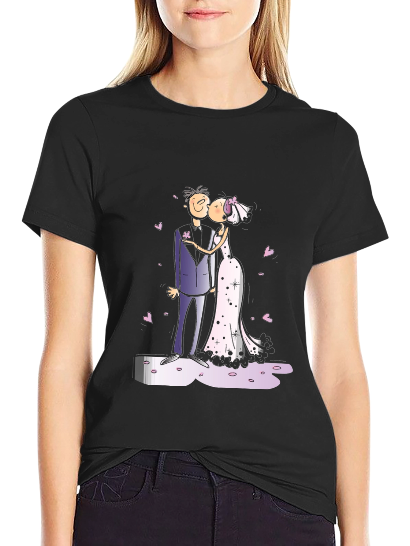 Wedding Kiss Cartoon Graphic Tee - Stylish Black T-Shirt