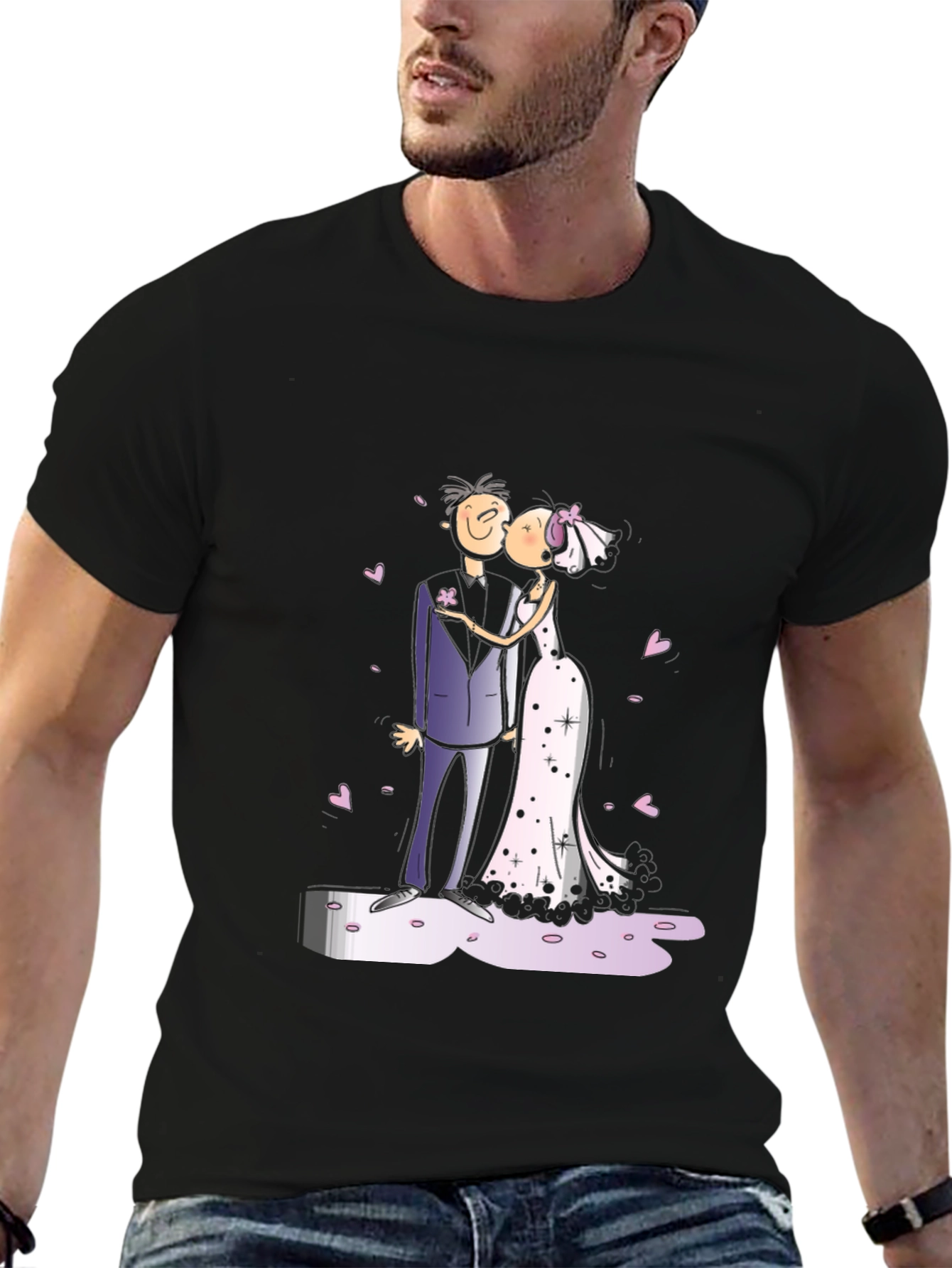 Wedding Kiss Cartoon Graphic Tee - Stylish Black T-Shirt
