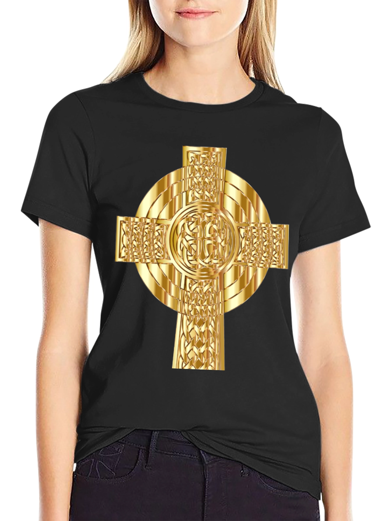 Celtic Cross Graphic Tee - Gold Design on Black
