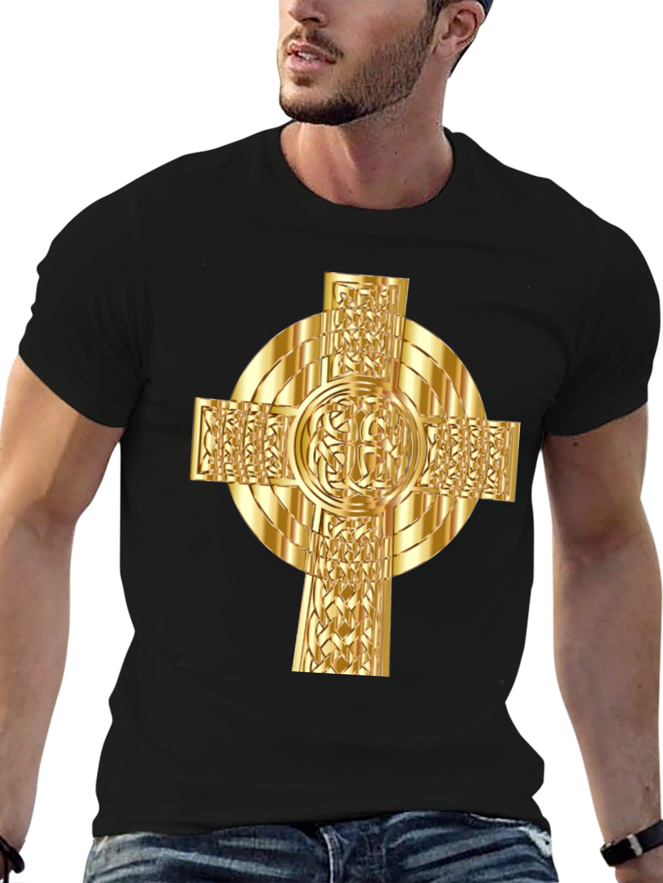 Celtic Cross Graphic Tee - Gold Design on Black