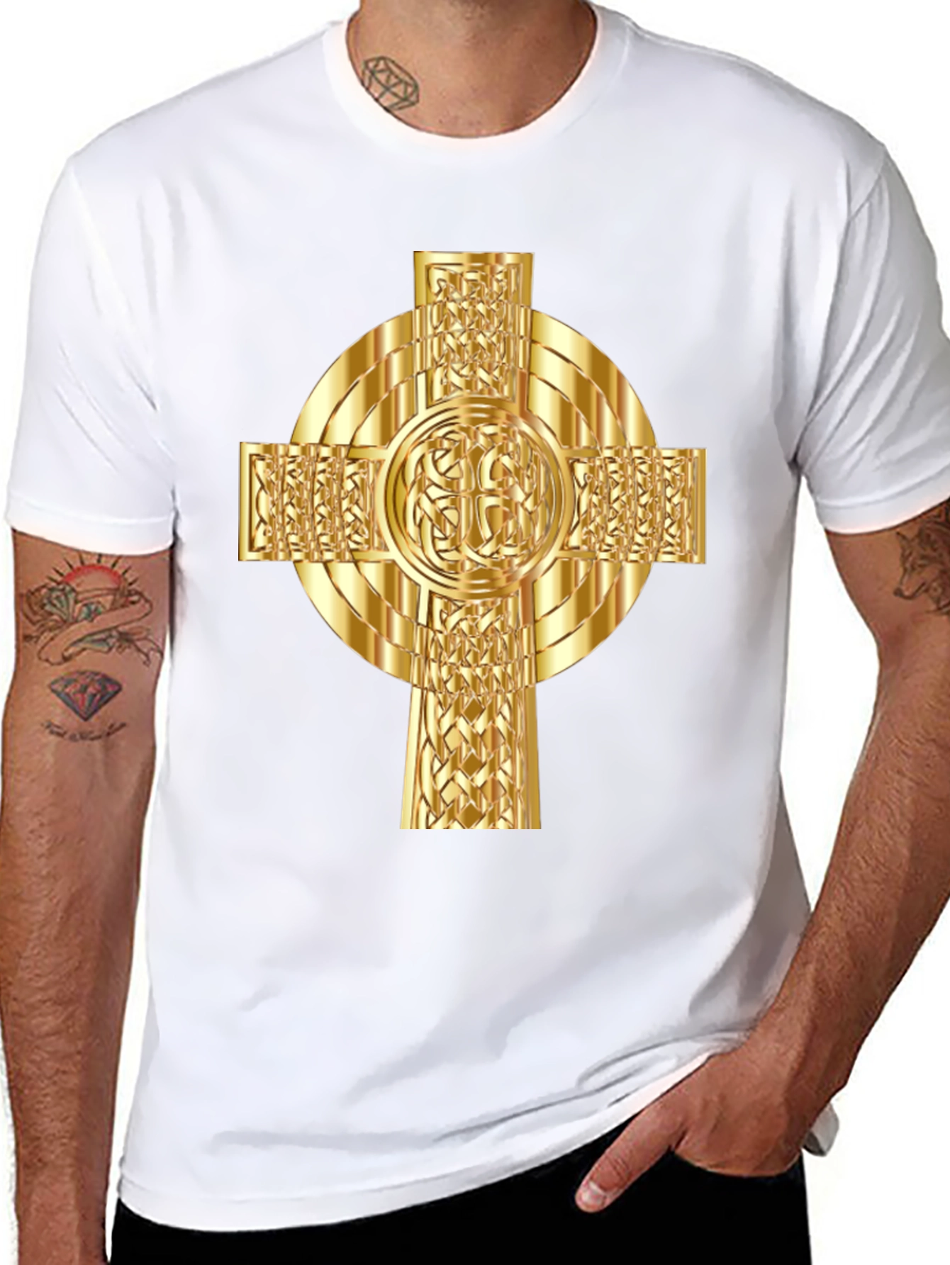 Celtic Cross Graphic Tee - Gold Design on Black