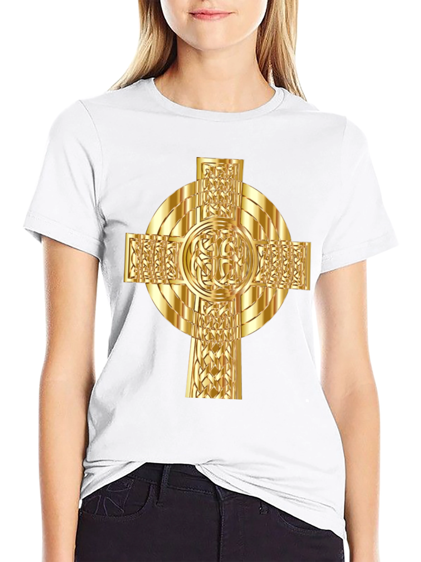 Celtic Cross Graphic Tee - Gold Design on Black
