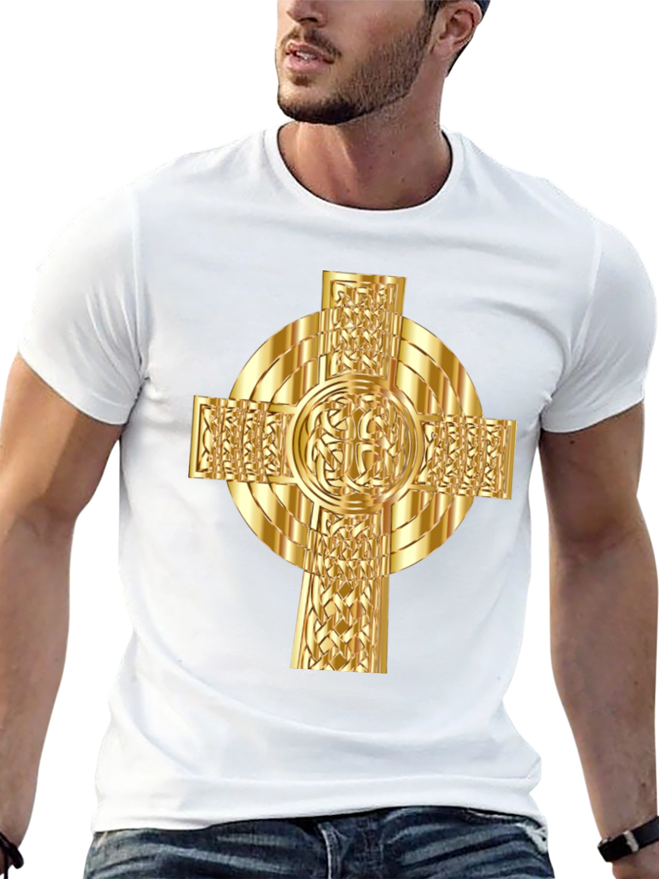 Celtic Cross Graphic Tee - Gold Design on Black