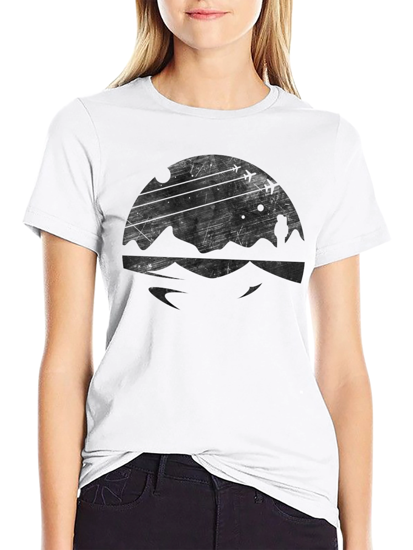 Mens Black Graphic Tee - Mountain & Airplane Design