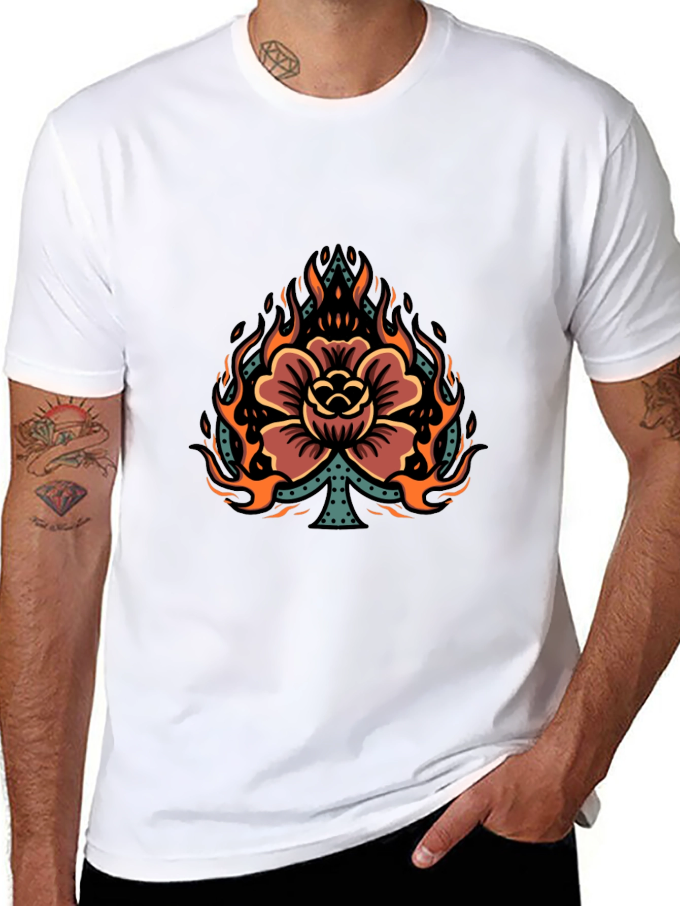 Flaming Spade Flower Graphic Tee - Black