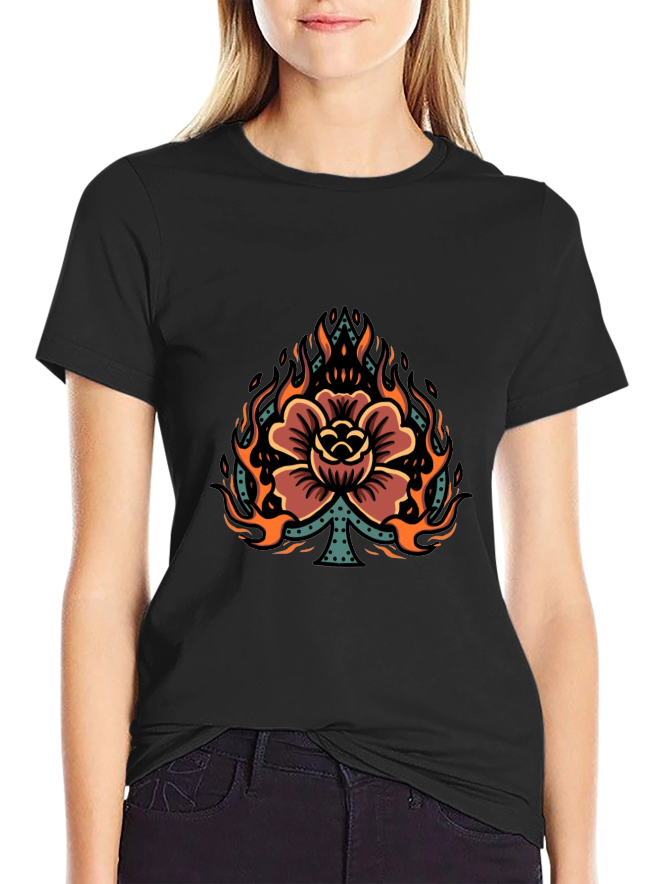 Flaming Spade Flower Graphic Tee - Black
