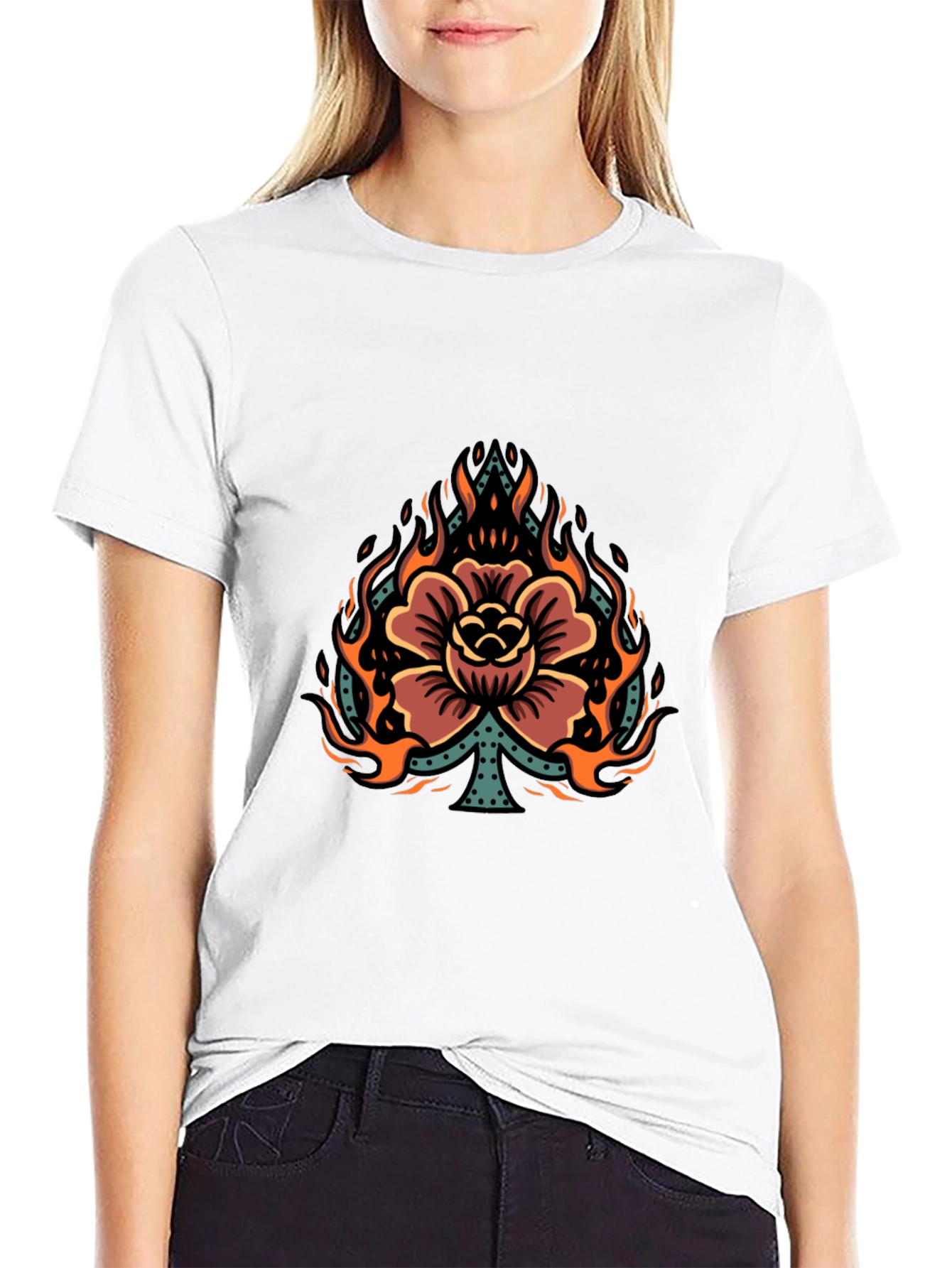 Flaming Spade Flower Graphic Tee - Black