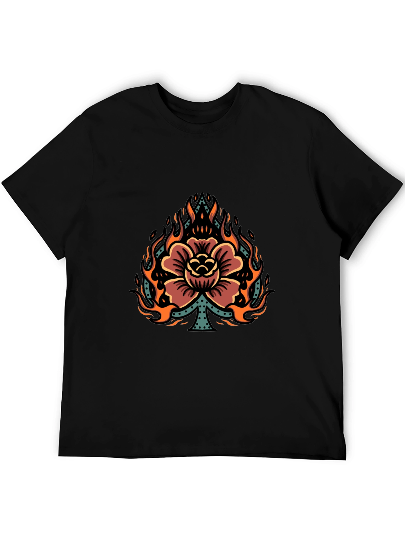 Flaming Spade Flower Graphic Tee - Black