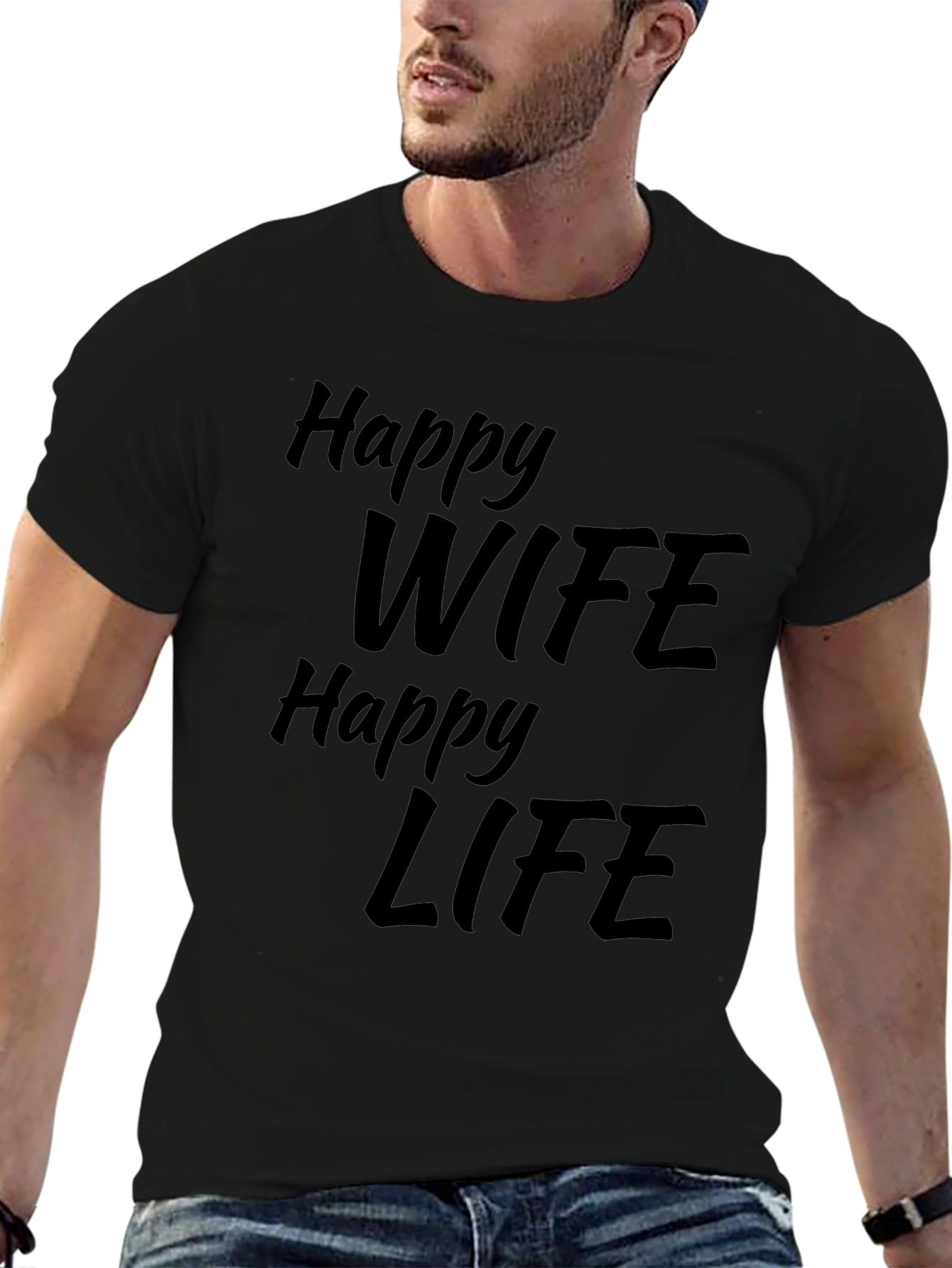 Happy Wife Happy Life Black Graphic T-Shirt