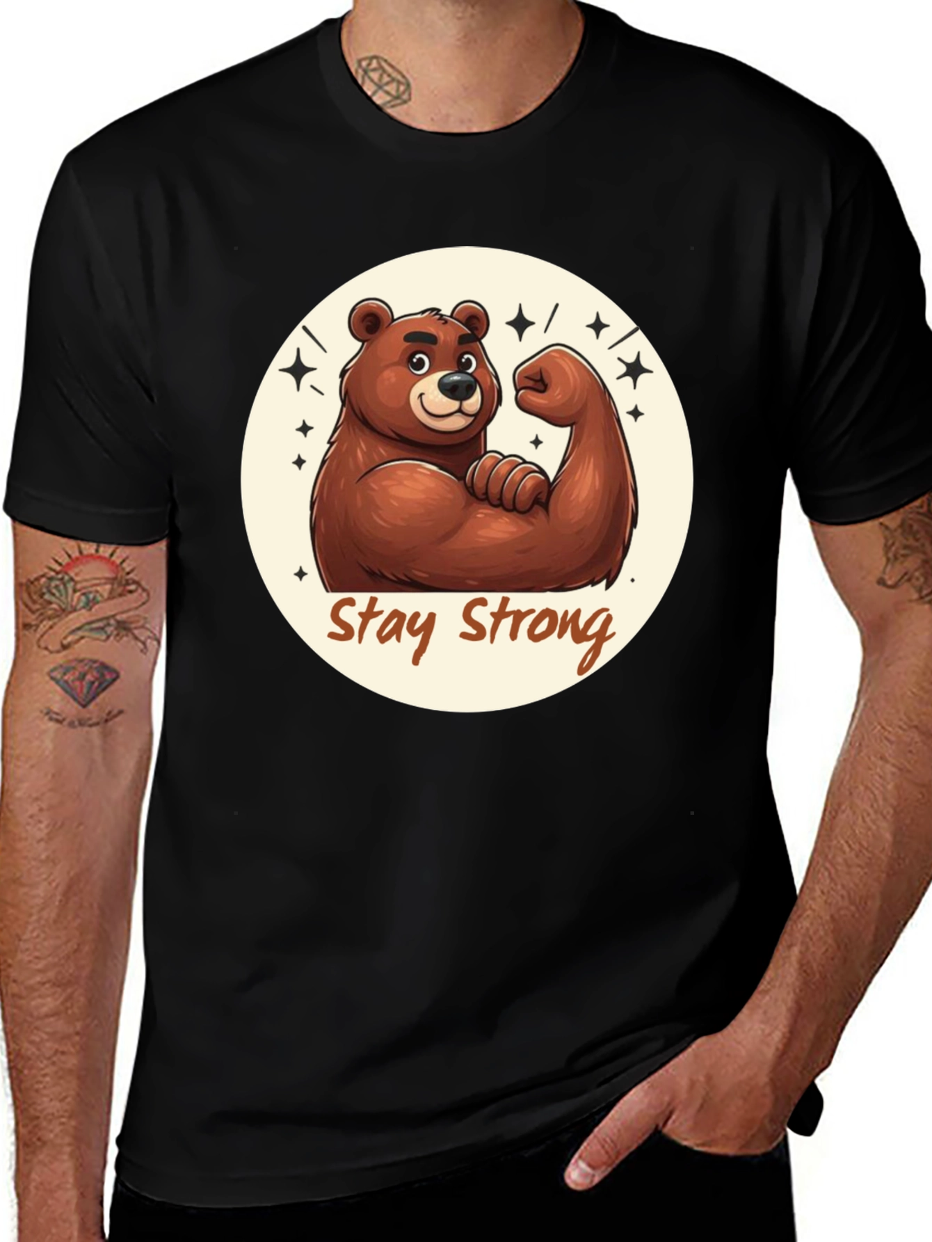 Stay Strong Bear T-Shirt - Black Crew Neck Tee