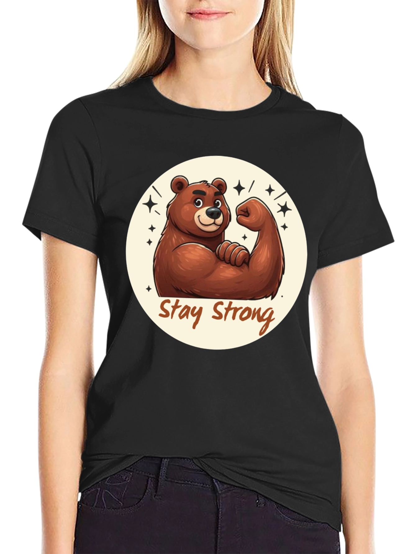 Stay Strong Bear T-Shirt - Black Crew Neck Tee