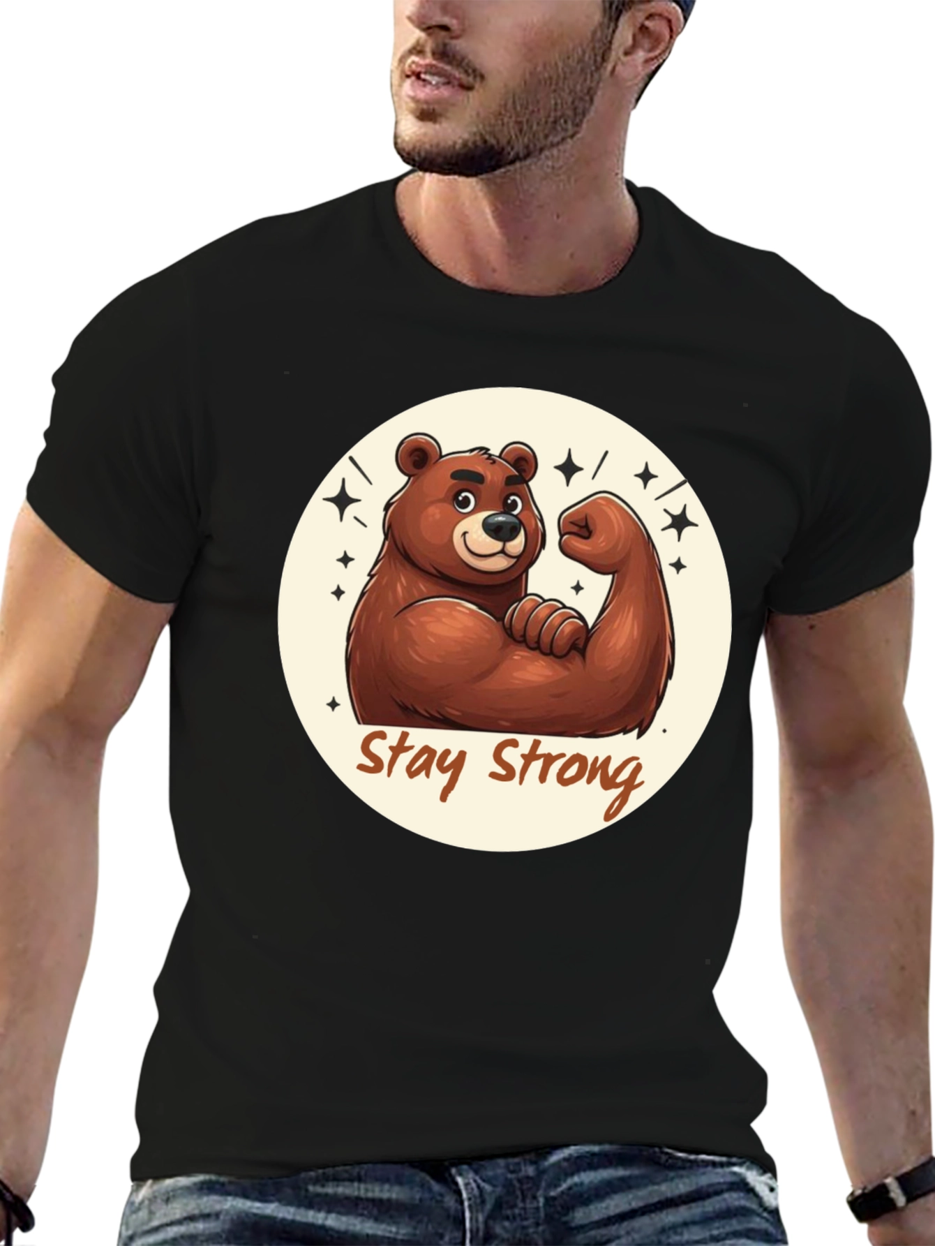 Stay Strong Bear T-Shirt - Black Crew Neck Tee