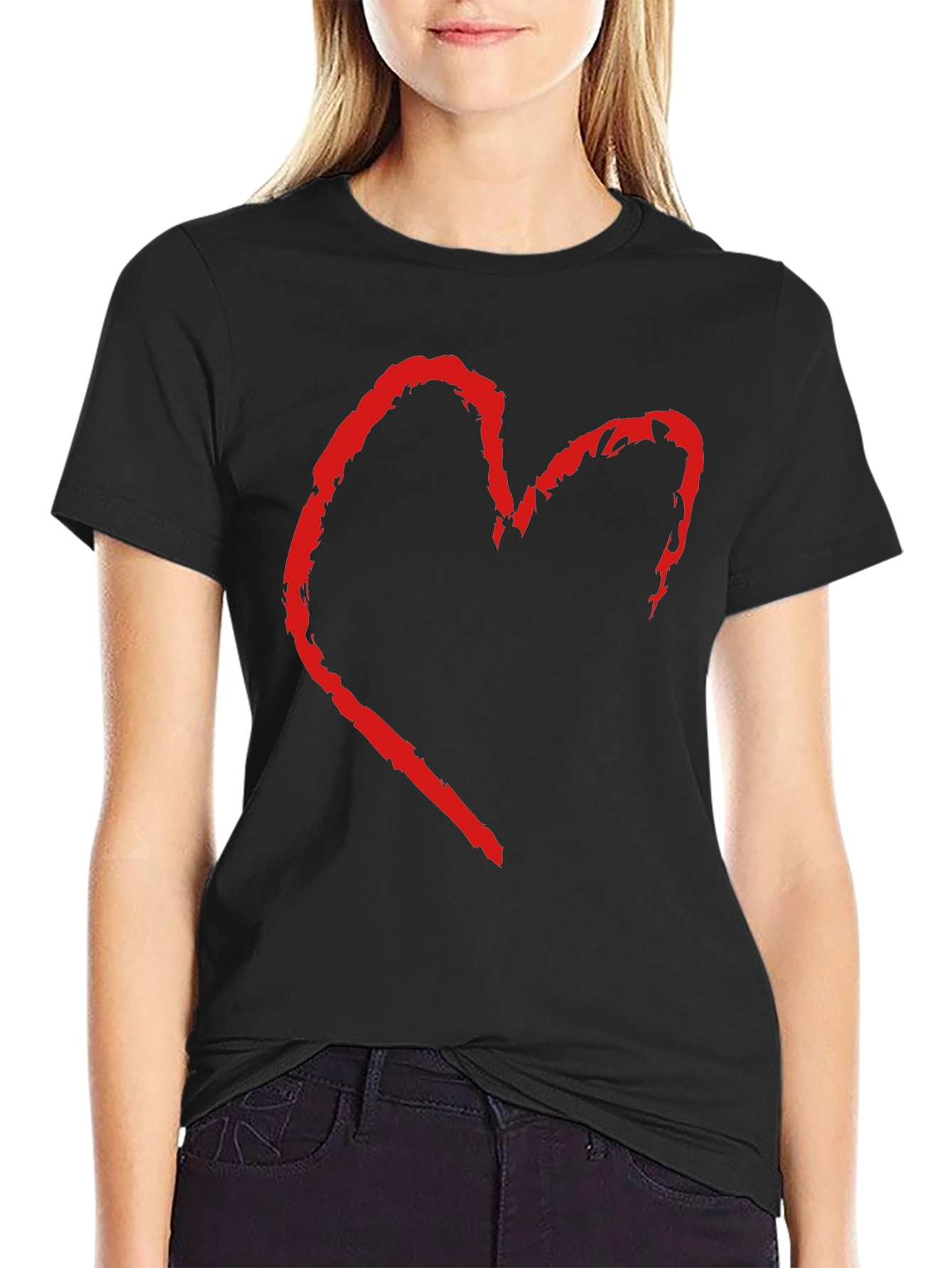 Black T-Shirt with Distressed Heart Graphic