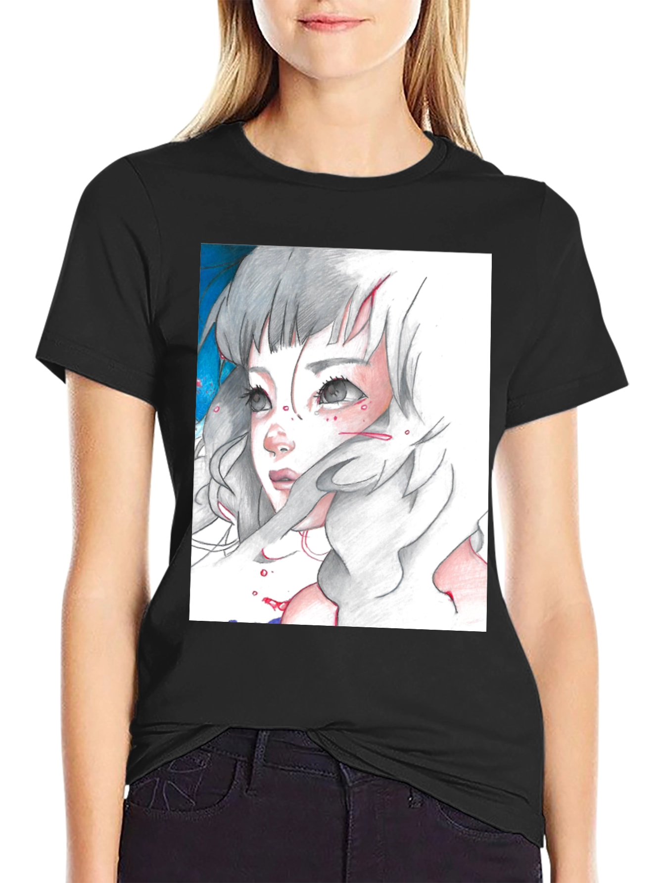 Anime Girl Graphic Tee - Black Cotton T-Shirt