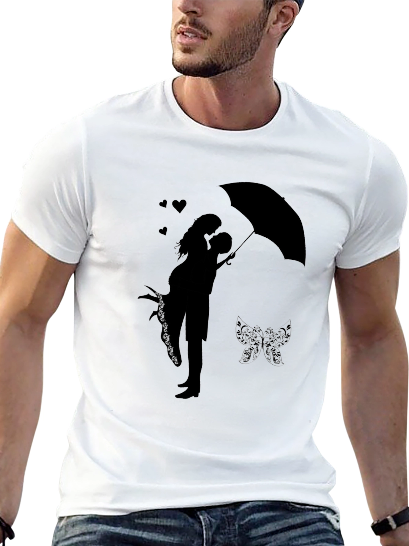 Romantic Couple Under Umbrella Graphic Tee - Black