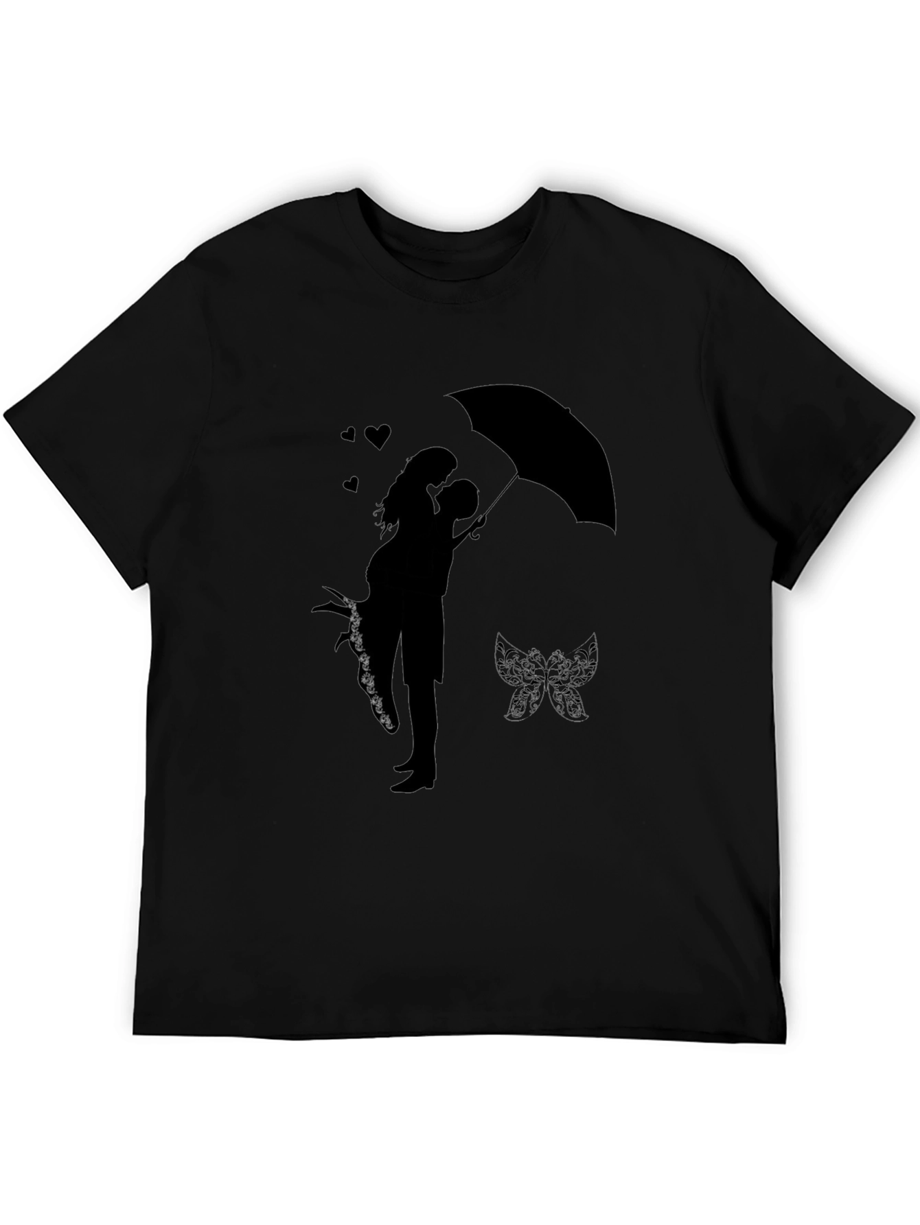 Romantic Couple Under Umbrella Graphic Tee - Black