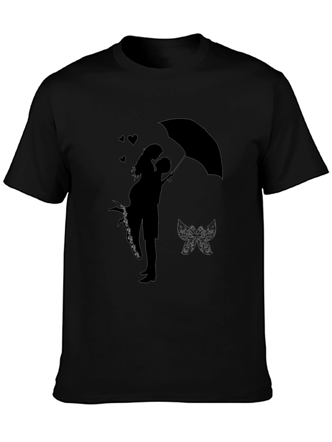 Romantic Couple Under Umbrella Graphic Tee - Black