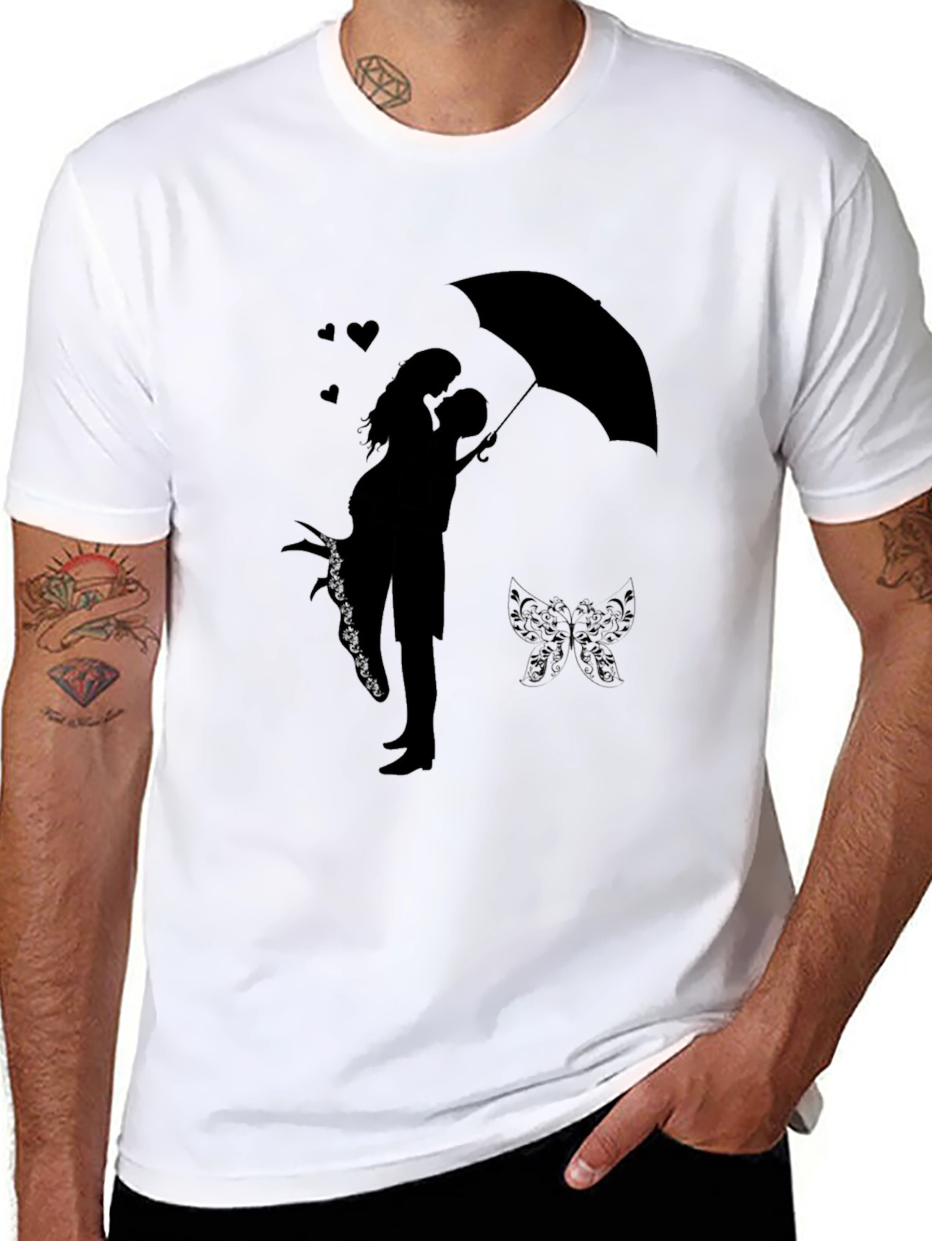 Romantic Couple Under Umbrella Graphic Tee - Black