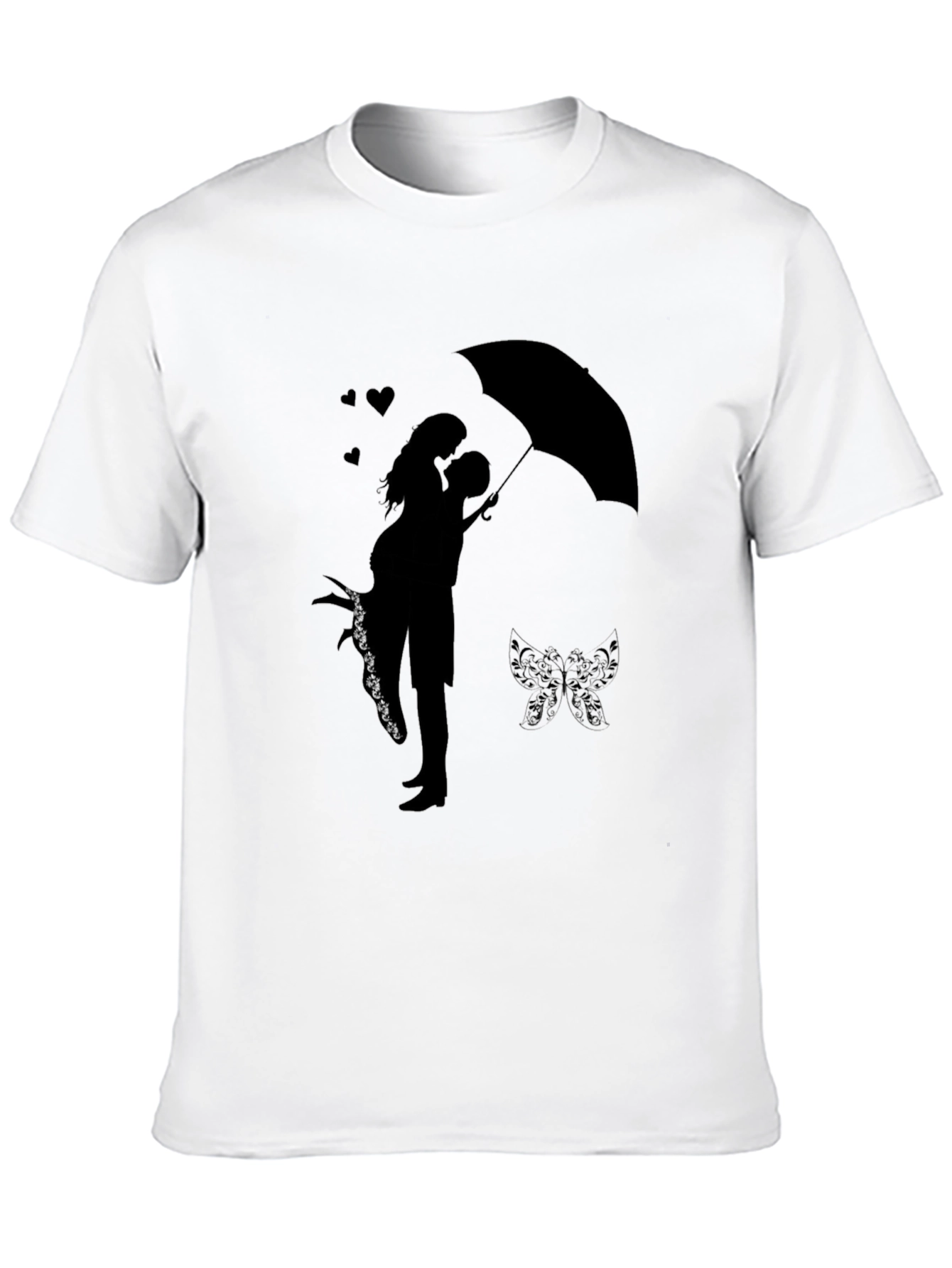 Romantic Couple Under Umbrella Graphic Tee - Black