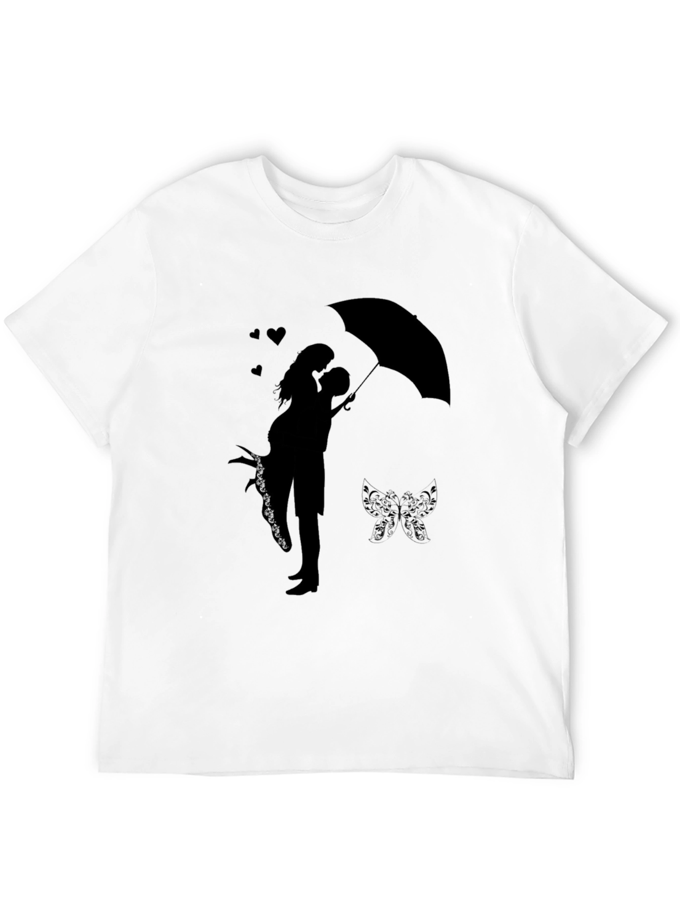 Romantic Couple Under Umbrella Graphic Tee - Black